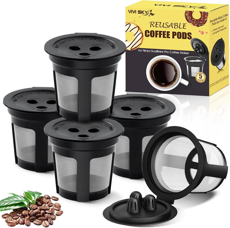 VIVISKY 5 Pack Ninja Reusable Coffee Pods: Reusable K Cups for Ninja Coffee Maker - Refillable Coffee Filters for 3-Needle Ninja DualBrew Pro CFP200 CFP201 CFP300 CFP301 CFP305 CFP400（Only for 3-Hole Version) - Image 1